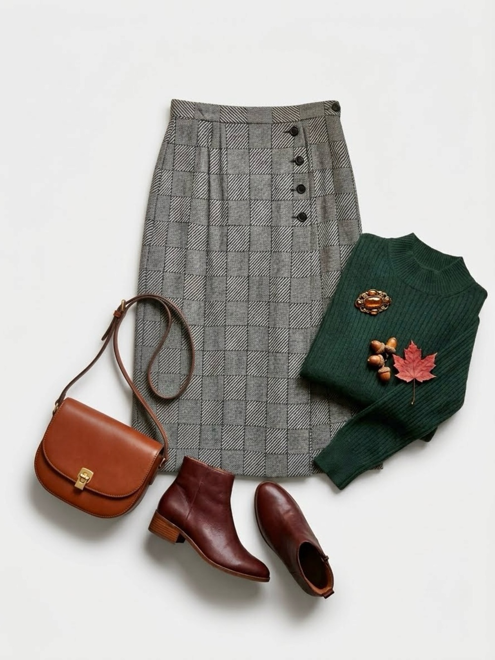 Vintage Jaeger British Wool Check Pencil Skirt US 4–6 S Dark Academia Midi